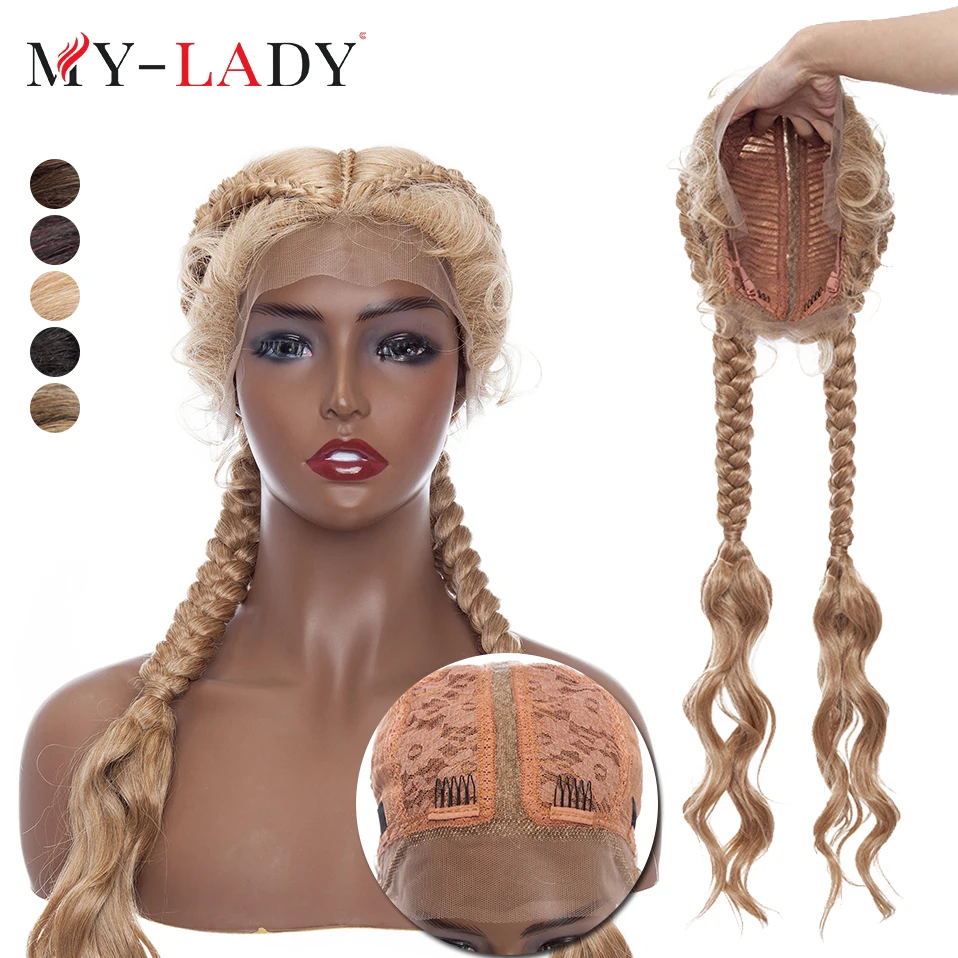 My-Lady Synthetic 26inch Box Braided Lace Wigs With Baby Hair Dutch Braiding Cornrow Wigs Curly End Afro Frontal Lace Wigs