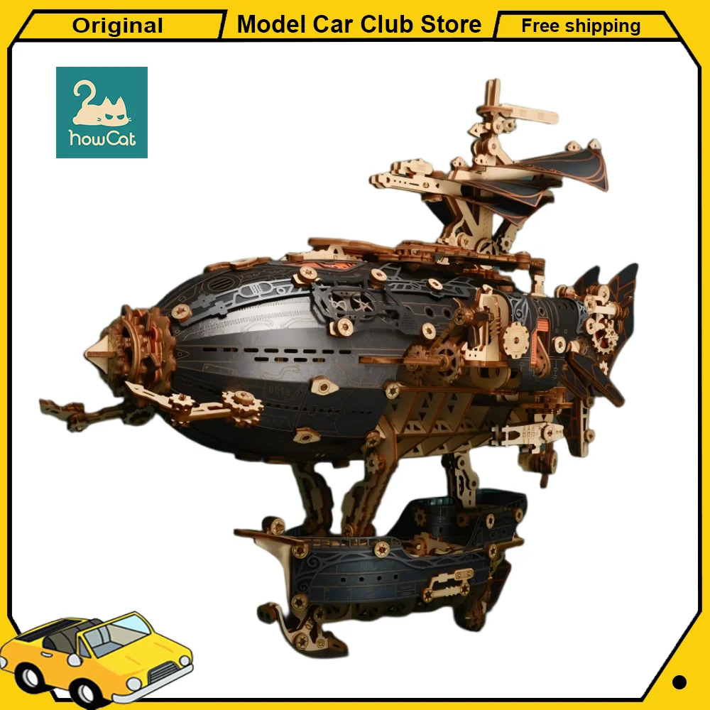 

How Cat DIY Wooden Puzzle Airship Building Blocks Diorama Model Kit 3D Wooden Miniature House Assembly Toys Ornament Funny Gifts