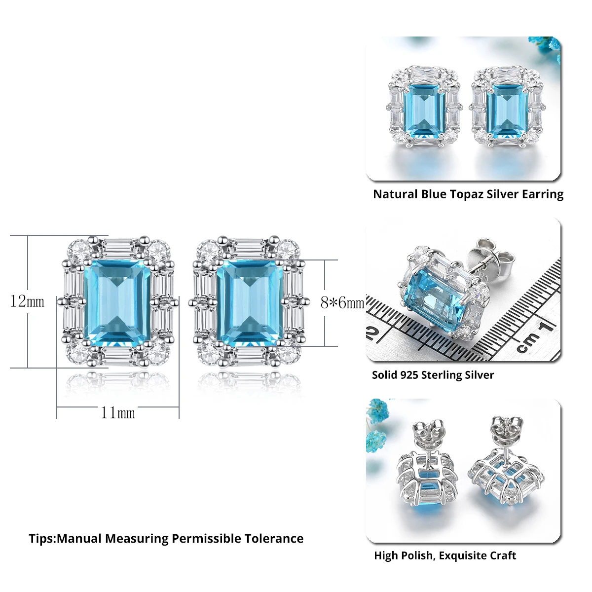 Natural Blue Topaz Sterling Silver Stud Earring 3.9 Carats Gemstone Women Classic Fine Jewelry Style S925 Birthday Gifts view 2