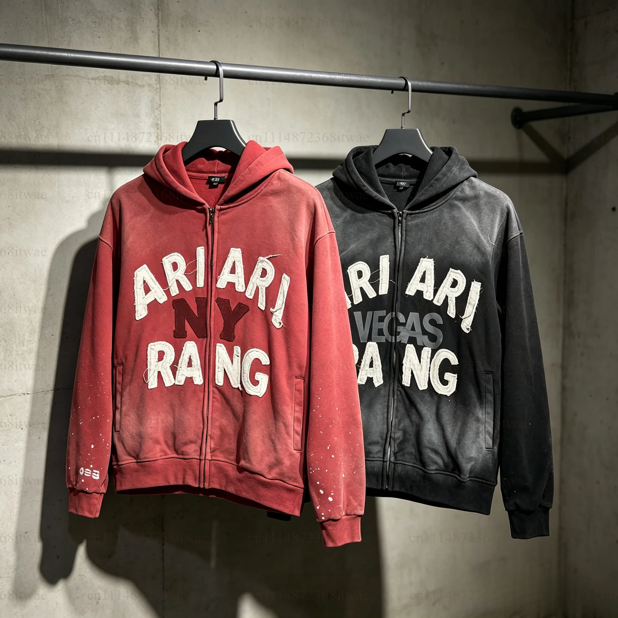 2026 ARIRANG Letter Print New NY Embroidered Zip-Up Hoodie, Vintage Washed Black/Brick Red Open Cardigan, Jacket for Fans