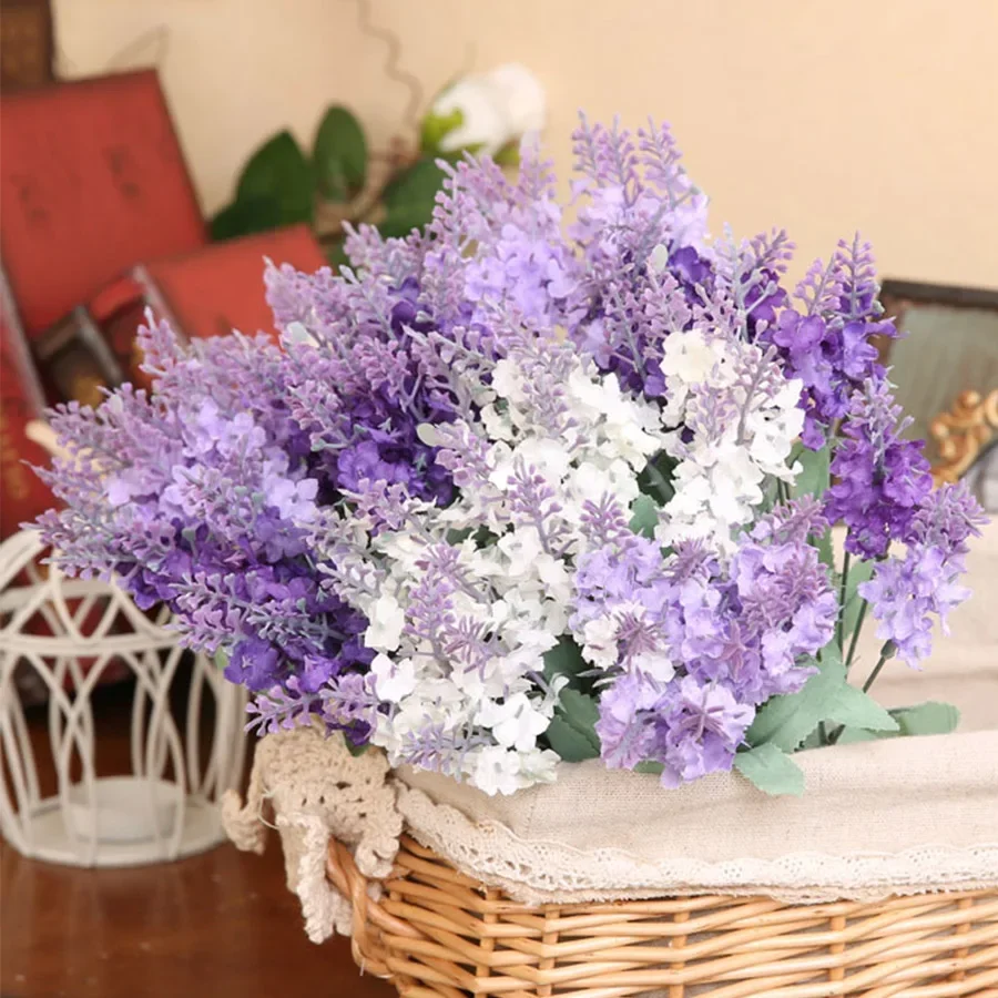 10 Heads Romantic Provence Lavender Silk Artificial Flowers Purple Bouquet Plastic Fake Flower White for Home Wedding Decoration