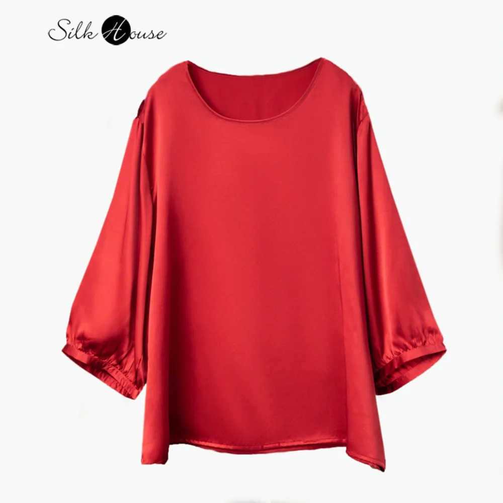 

Женская повседневная футболка большого размера из 100% натурального шелка тутового шелкопряда, красная, свободного кроя, с круглым вырезом, универсальная, весна 2026