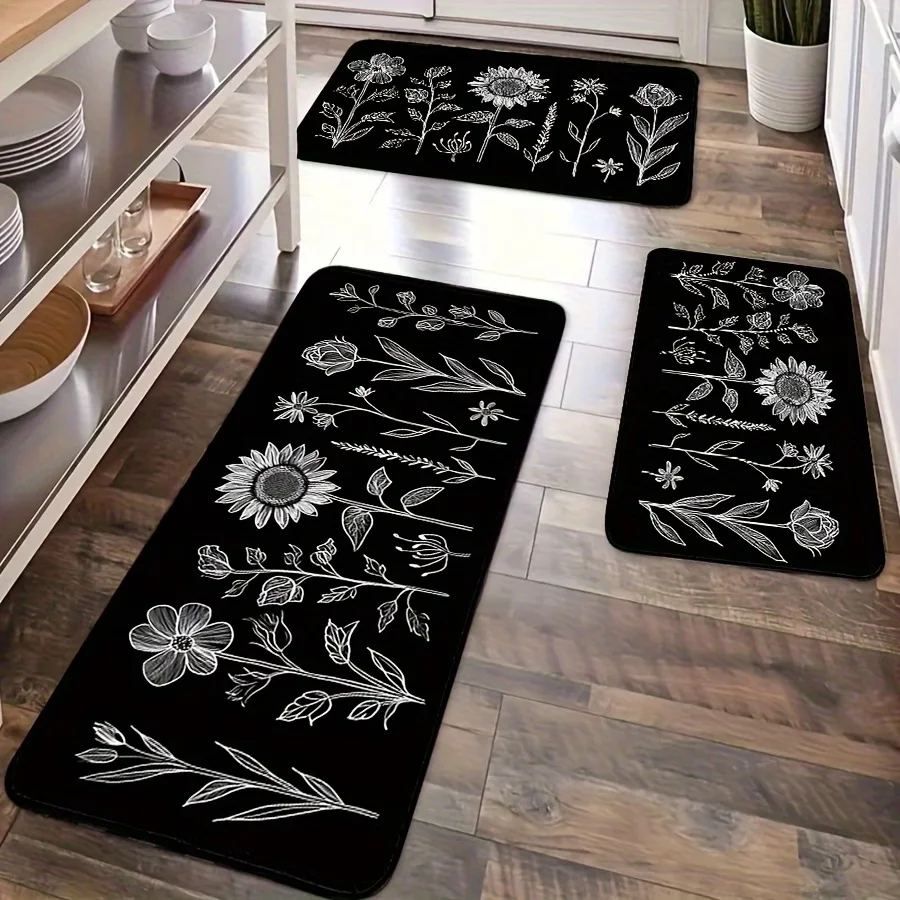 Schwarz-weißer Bohemian-Küchenteppich mit Blumenmuster, leichte, rutschfeste Bodenmatte, Bauernhaus-Dekor, bequeme Büro-Stehmatte