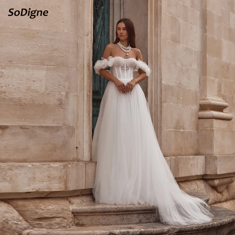 

SoDigne A-line Tulle Wedding Dress Sweetheart Off Shoulder Bride Dresses Pearls Long Beach Women Bridal Gowns Customized