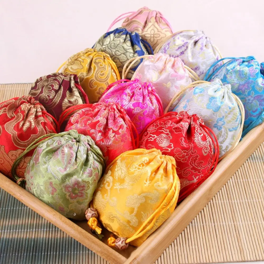 

Chinese Style Brocade Embroidery Drawstring Bag Festival Silk Sachet Jewelry Bag Storage Pouches Wedding Gift Bags