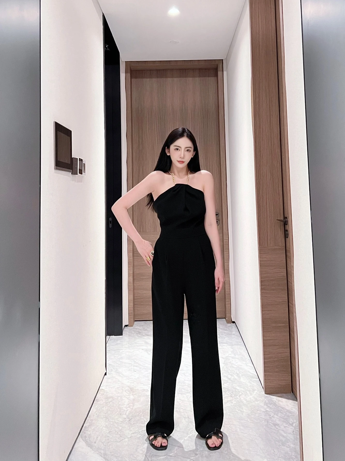 

Golden Chain Strapless Wide Leg Jumpsuit Lengthening Proportions Loose Fit Slimming High Waist Commute Style Ladies Suit