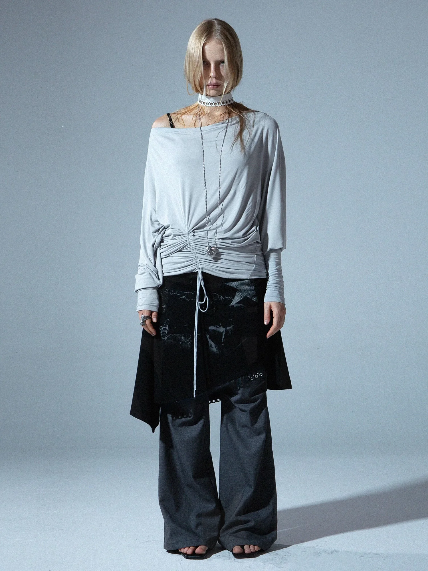 DoublePunch Original Slouchy Batwing Sleeve One-Shoulder T-Shirt Spring Autumn Casual Loose Fit Long Sleeve Pure Color