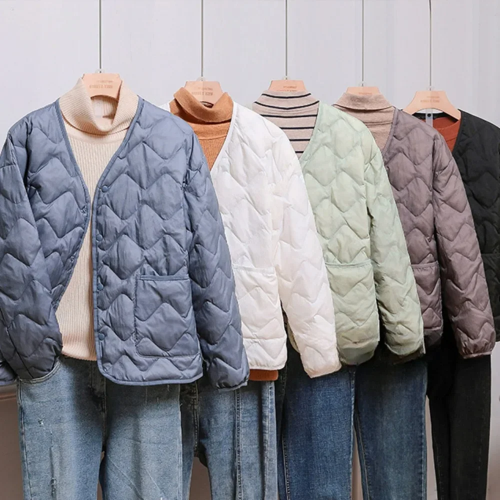 Diamond Check Women's Down Jacket 2024 Autumn Winter Vintage Puffer jacket Ultralight Thin White Duck Down Coat Female Outerwear