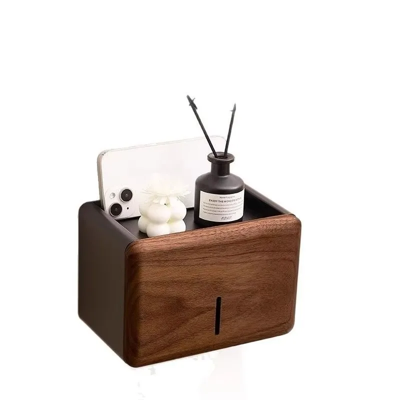 No Drill Wall Mount Toilet Paper Holder, Aluminum Frame with Walnut Wood Shelf, Waterproof Bathroom Tissue Box Roll Organizer