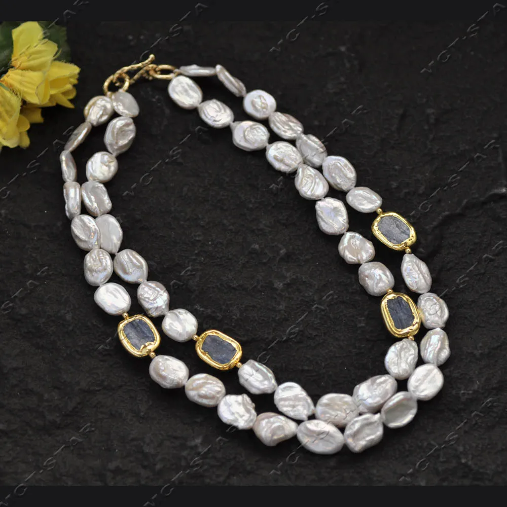 Z14354 2Row 18'' 17mm White Baroque Coin Freshwater Pearl Blue Crystal Necklace