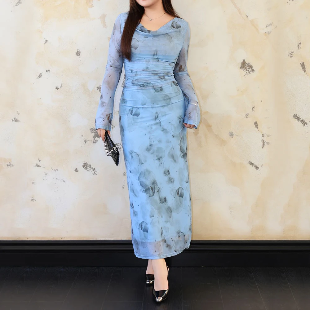 

Mist Drunk Dyed Mesh Swing Neck Long Sleeve Dress Women Fall 2024 Good Quality XL French Blue slim-fit Long Dress