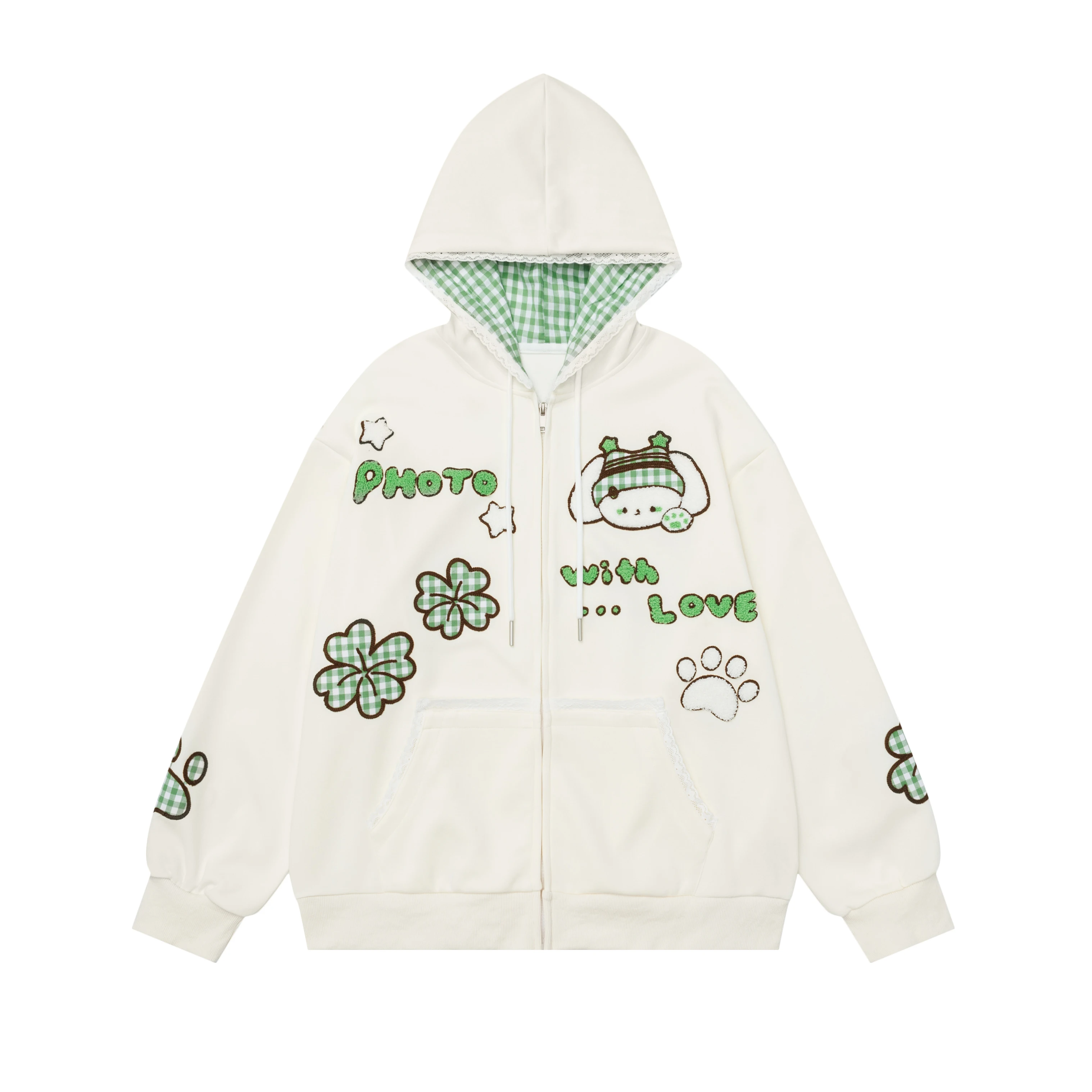 Highstreet Sweet Cool Girl Versatile Casual Hoodies Flocked Lace Plaid Hooded Long Sleeve Zipper Loose Sweatshirts Women Autumn