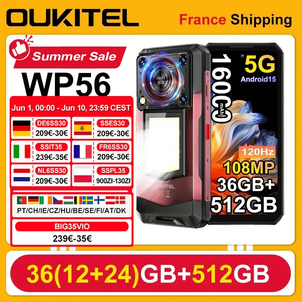 Smartphone OUKITEL WP56 36GB (12 + 24) 512GB Android 15 16000 mAh 45W Lampe de camping 6.8 ''120Hz 128dB 108 MP 5G téléphone portable