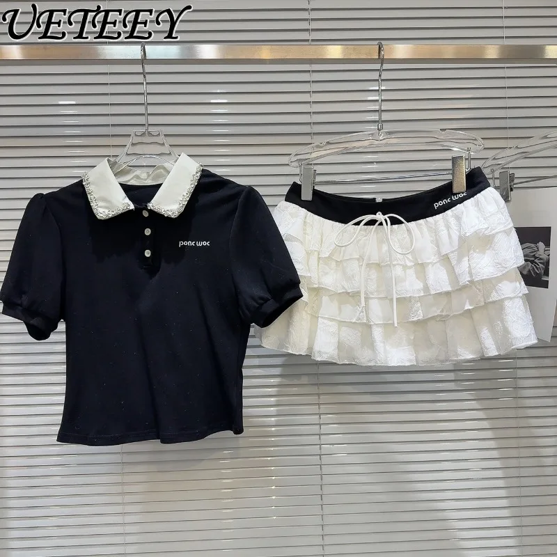 

Новая летняя модная футболка с короткими рукавами и воротником со стразами + короткая юбка с завязками на высокой талии, комплект из двух предметов