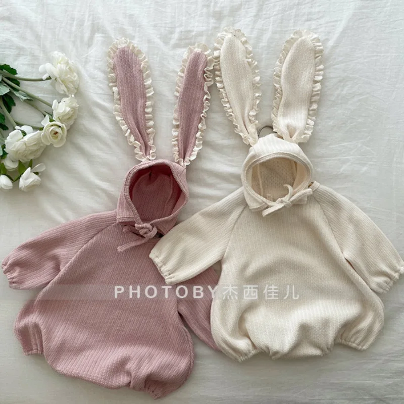 Spring New Baby Girl Long Sleeve Bodysuit + Rabbit Ears Hat Girls Cute Solid Princess Jumpsuit Infant Clothes 0-24M