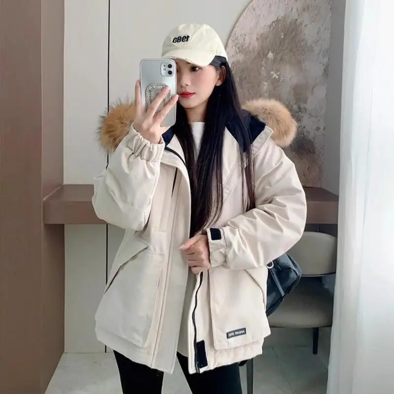 여성 겨울 후드 파카 솜 패딩 재킷 두꺼운 한국 스타일 레트로 스탠드 칼라 미니멀리스트 푸퍼 재킷 코트