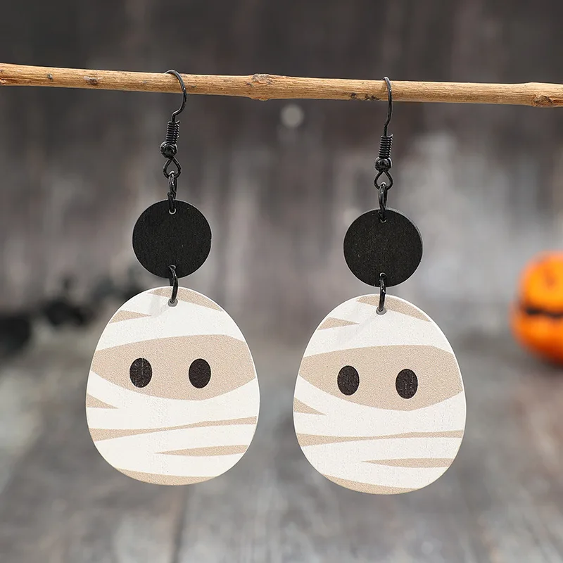 New Arrival Halloween Geometric Print Mummy Wooden Chic Earrings for Women Wholesale