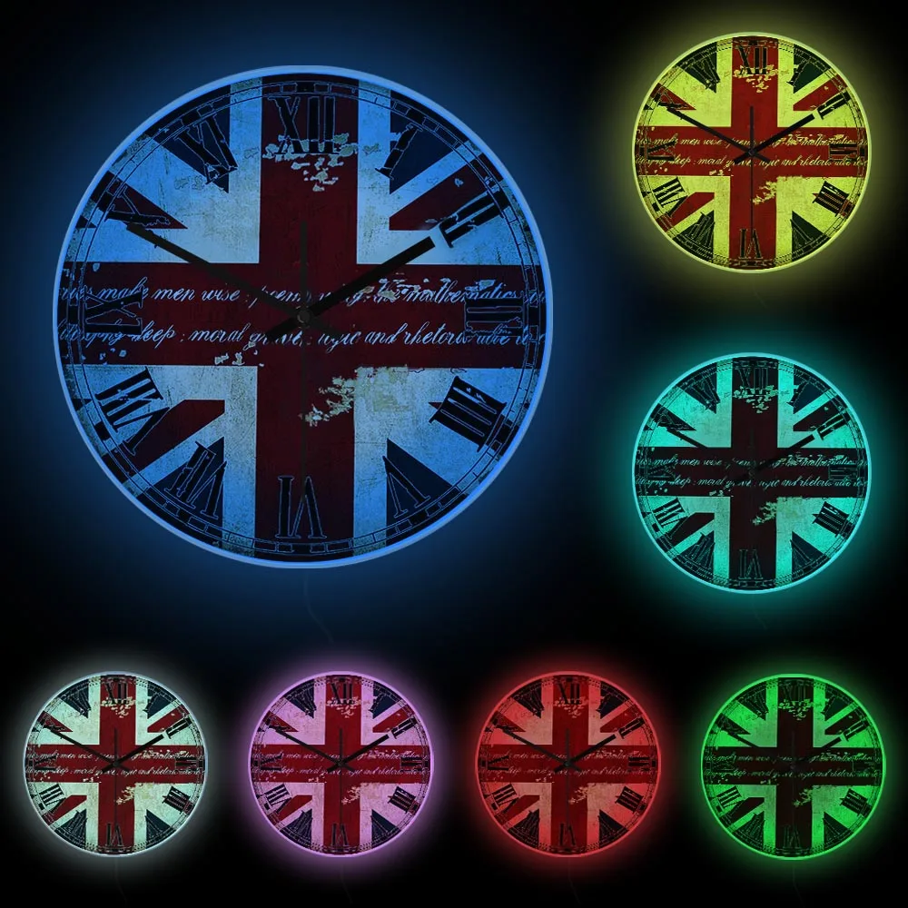 Imagem -06 - British Union Jack Led Iluminado Relógio para Sala de Estar do Vintage Algarismos Romanos Reino Unido Bandeira Sinal Néon Luminoso Relógio de Parede Brilho no Escuro