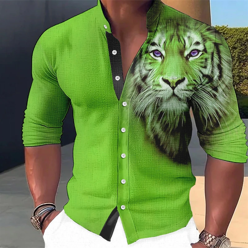 Camisa de manga longa masculina e feminina, estampa casual de leão animal, lapela estampada 3D, moda verão