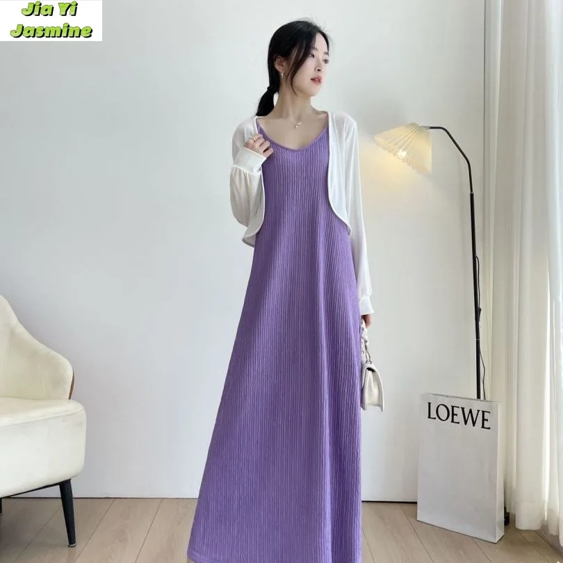 2024 Spring/Summer French Outerwear Fashionable Slimming and Meat Covering Retro Solid Color Loose Strap Long Dress