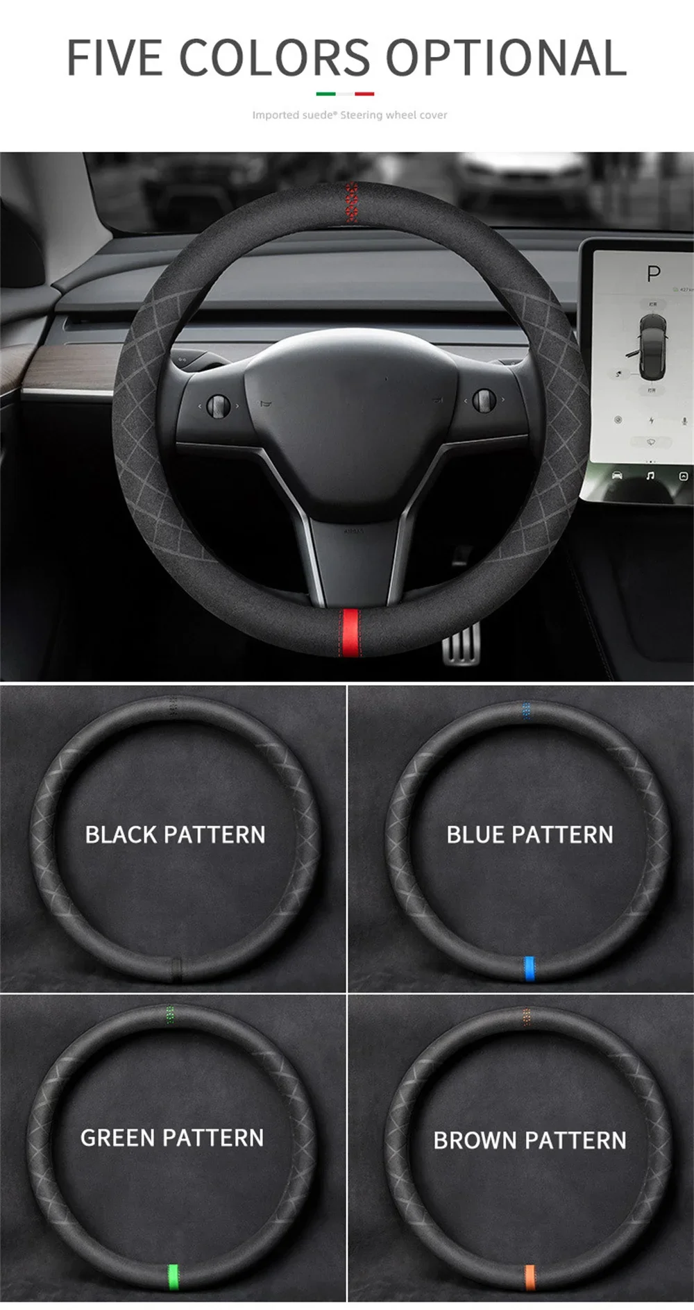 Auto-Lenkradbezug aus Wildleder, 38 cm, rutschfest, atmungsaktiv, universell einsetzbar, Kalibrierungsmarkierung, Autozubehör für Tesla. – Detail 3