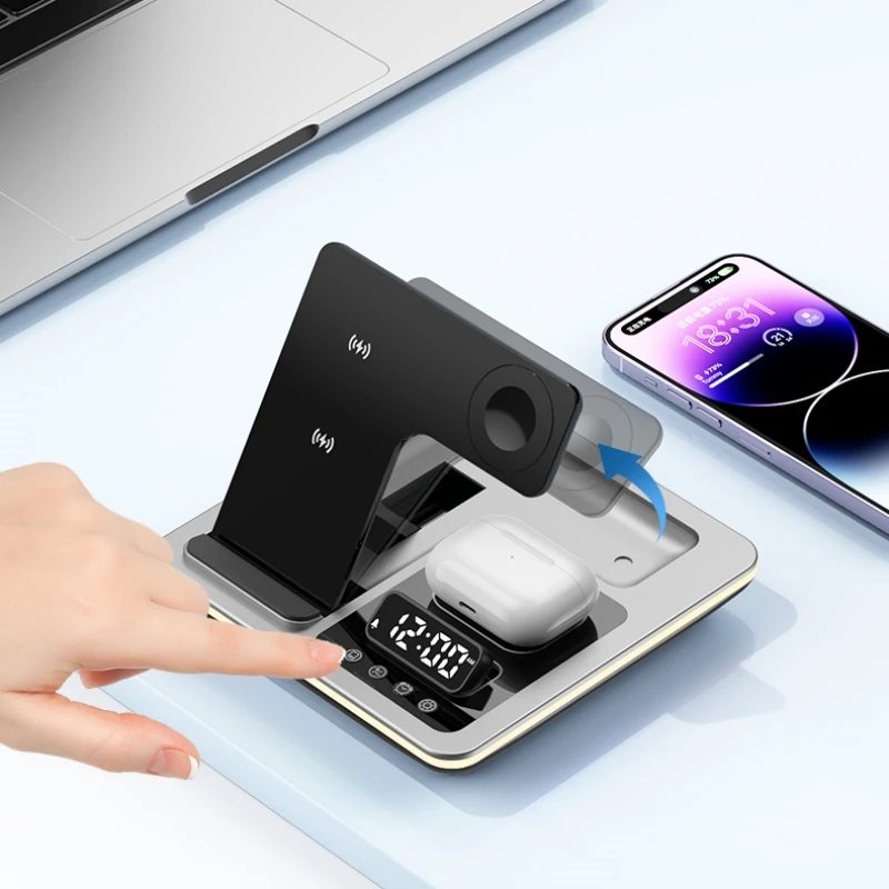 5 in 1 Warm Light Wireless Charger Dock Fast Charging Station for Apple Airpods iWatch iPhone 12 13 14 15 16 17 with Alarm clock - view 4