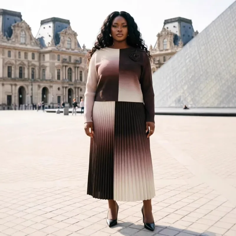 

Комплект плиссированных платьев Miyake с принтом, новинка 2026 года, комплект больших размеров с плиссировкой, элегантный комплект из двух предметов с градиентным цветовым блокированием, свободный крой