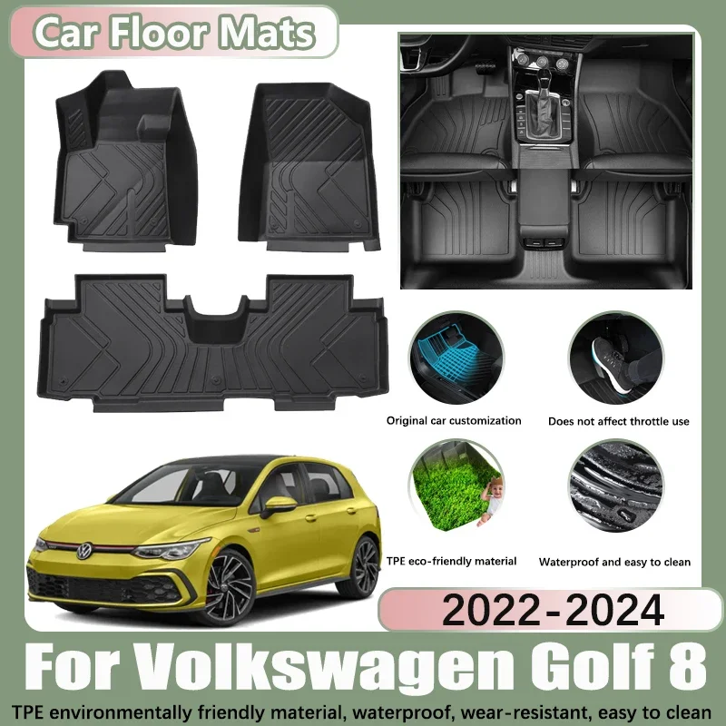 LHD Car Floor Mats for Volkswagen VW Golf 8 Mk8 2022 2023 2024 GTI TPE Carpet Car Waterproof Foot Pads Custom Liner Accessories