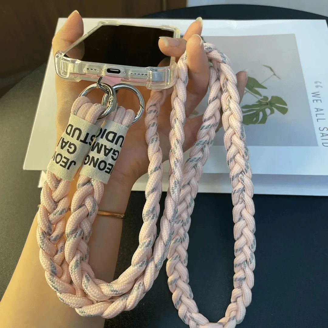 Durable Three-Strand Braided Mobile Phone Lanyard Long Crossbody Shoulder Strap with Ponytail Holder Pendant for Women