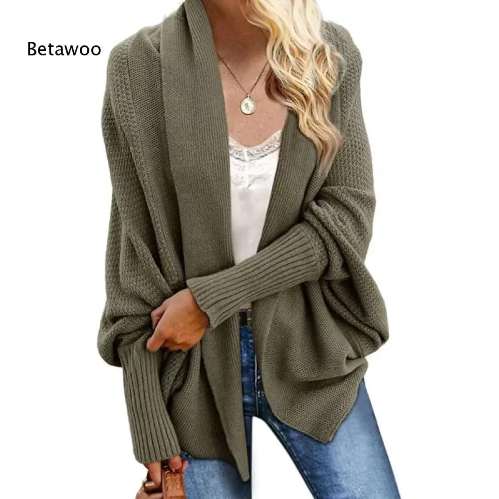 Dark Cyan Textured Knit Open Cardigan Ladies Wide Shawl Collar Dolman Sleeve Oversized Loose Daily Sweater Outerwear