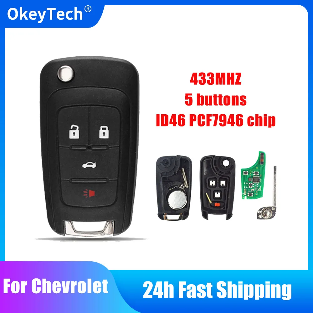 OkeyTech 433MHz Folding Car Remote Key 5 Buttons For Chevrolet Malibu Cruze Aveo Spark Sail Replacement Flip Key Uncut Blade