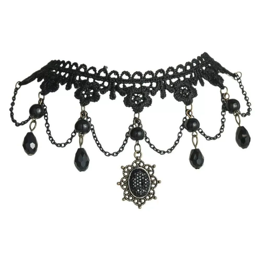 Gothic Vintage Black Punk Sexy Geometric Tassel Chain Pendant Lace Necklace for Women Personalized Charm Halloween Jewelry Gifts