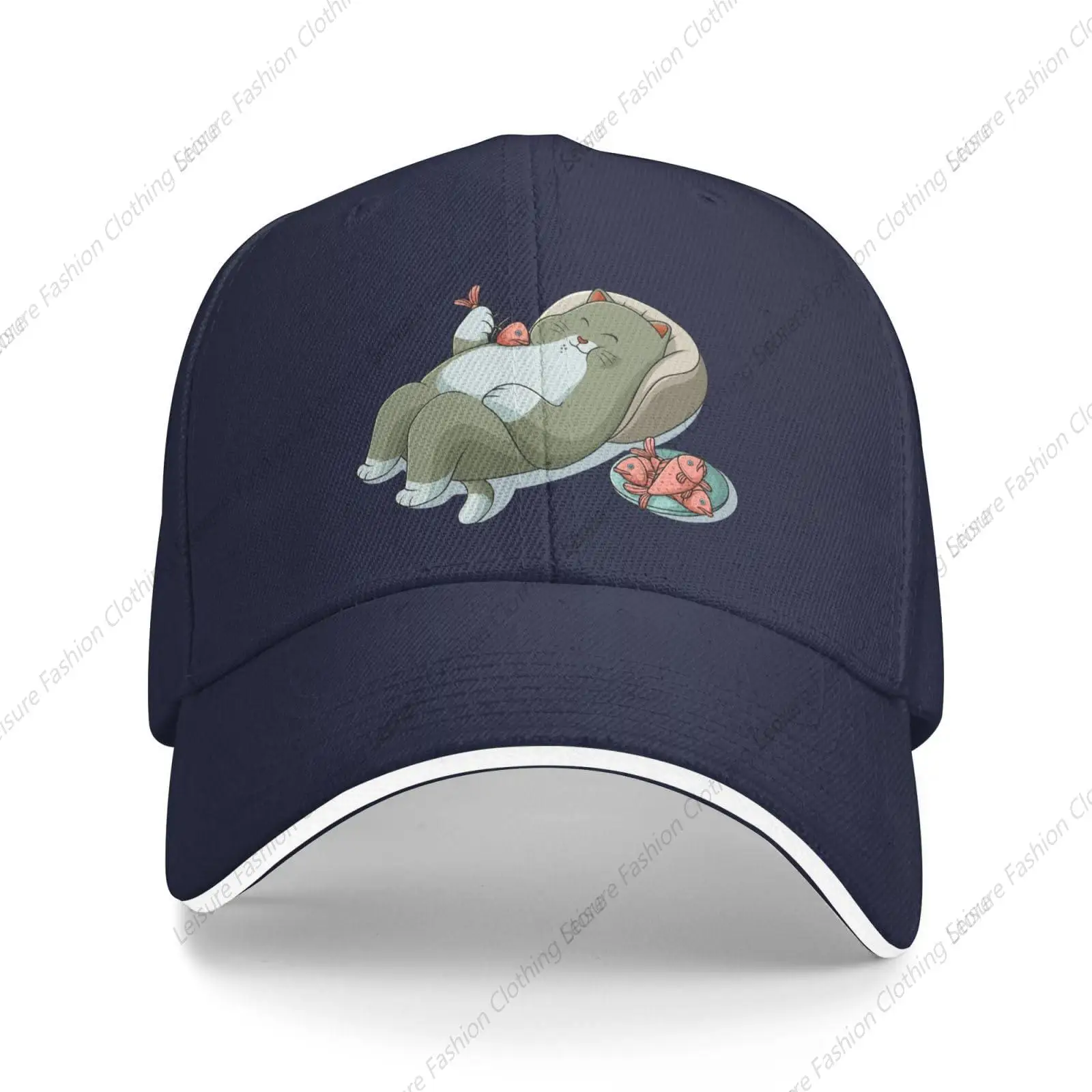 Lazy Cat Lying Down and Eating Fish Baseball Cap Sandwich Brim Hats for Men Women Adjustable Caps