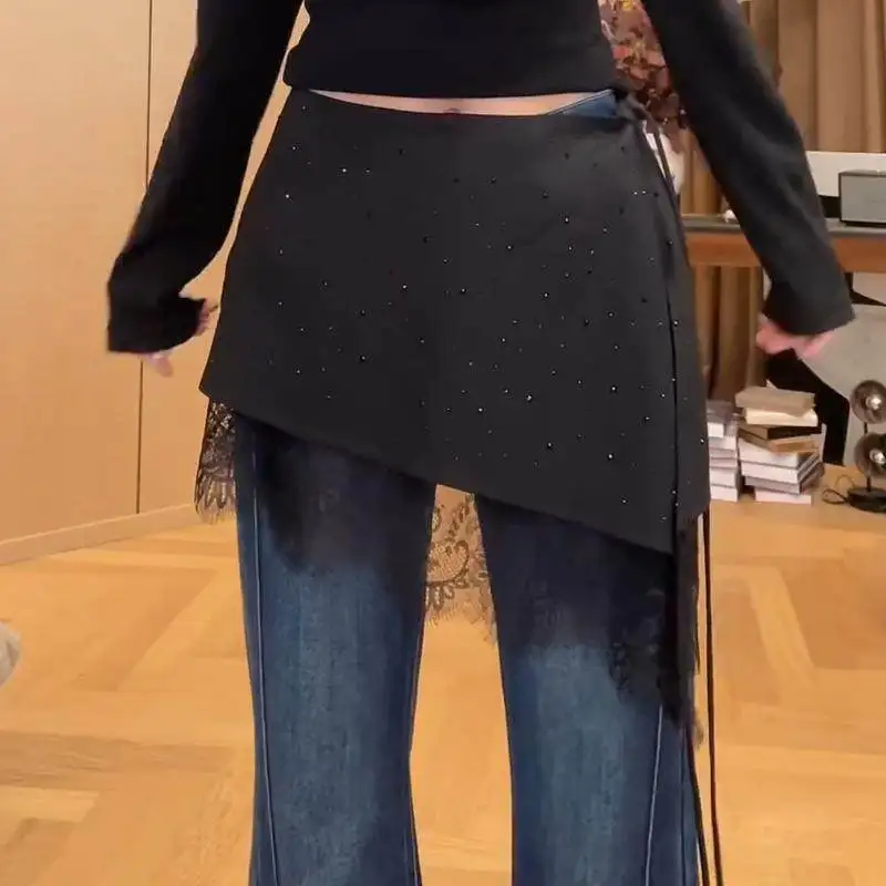 

Юбка-карандаш больших размеров с кружевными вставками и стразами, весенне-осенний стиль, с высокой талией, повседневная, прямого кроя