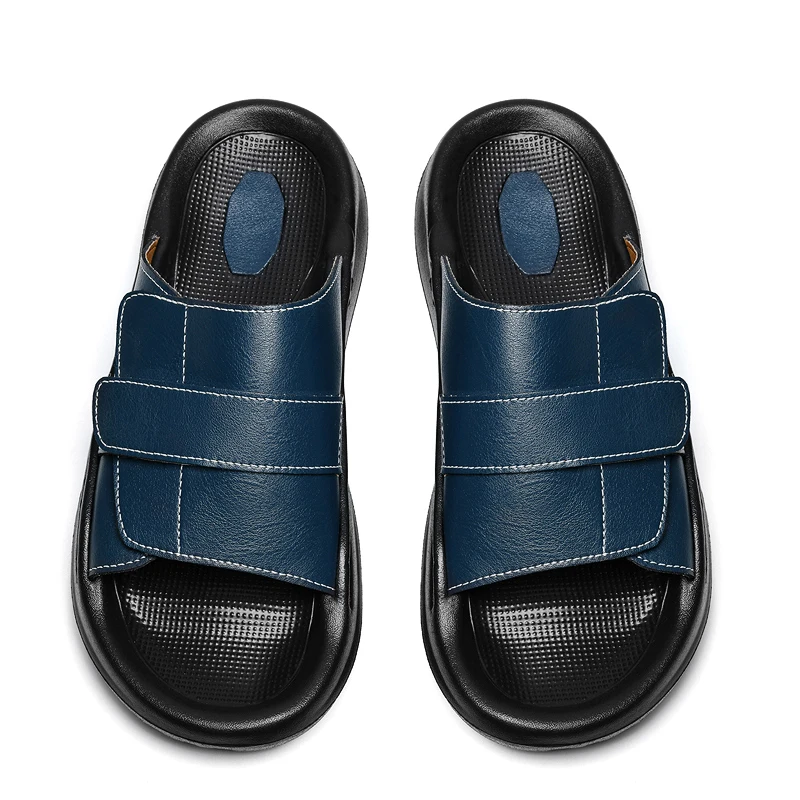 

Summer Mens Leather Slippers Men Adjustable Slides Casual Sandals Easy Top Navy Black Comfortable