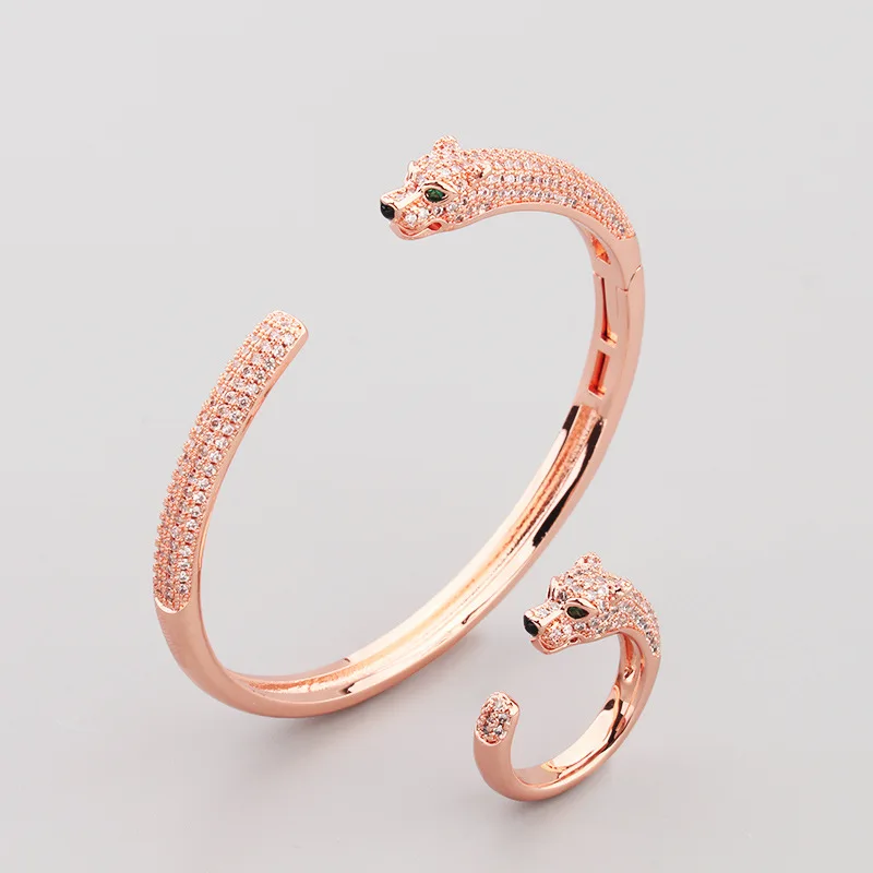Designer Collection Style Jewelry Sets Women Lady Settings Cubic Zircon Leopard Panther Narrow Ring Bangle Bracelet