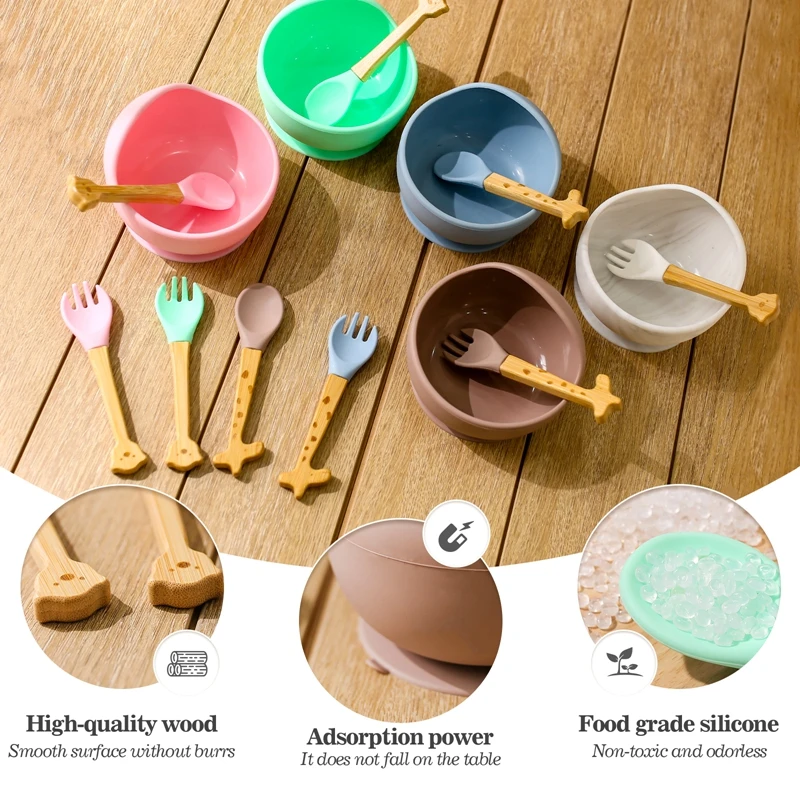 3Pcs/1Set Silicone Baby Feeding Bowl Giraffe Wooden Handle Spoon Tableware Waterproof Non-Slip BPA Free Silicone Dishes for Baby