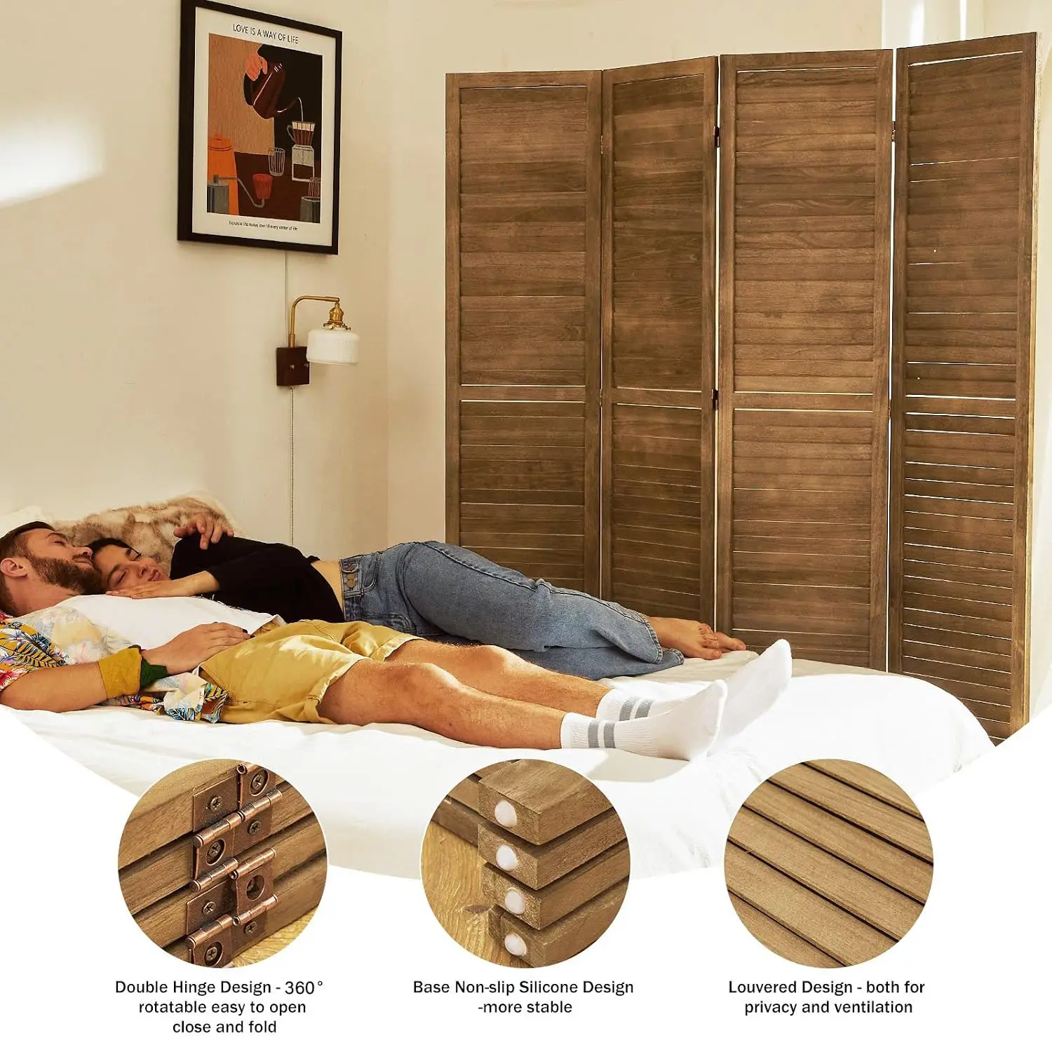 Wood Louvered Room Divider 4 Panel Folding Privacy Screen Separator for Home Office Bedroom 63x67in, Customized