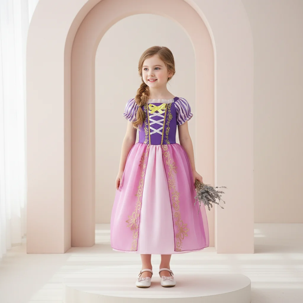 Entzückendes Langhaar-Prinzessinnenkleid für Mädchen Halloween-Kostüm Party Voluminöses Kleid mit Goldglitzernden Details Puffärmel