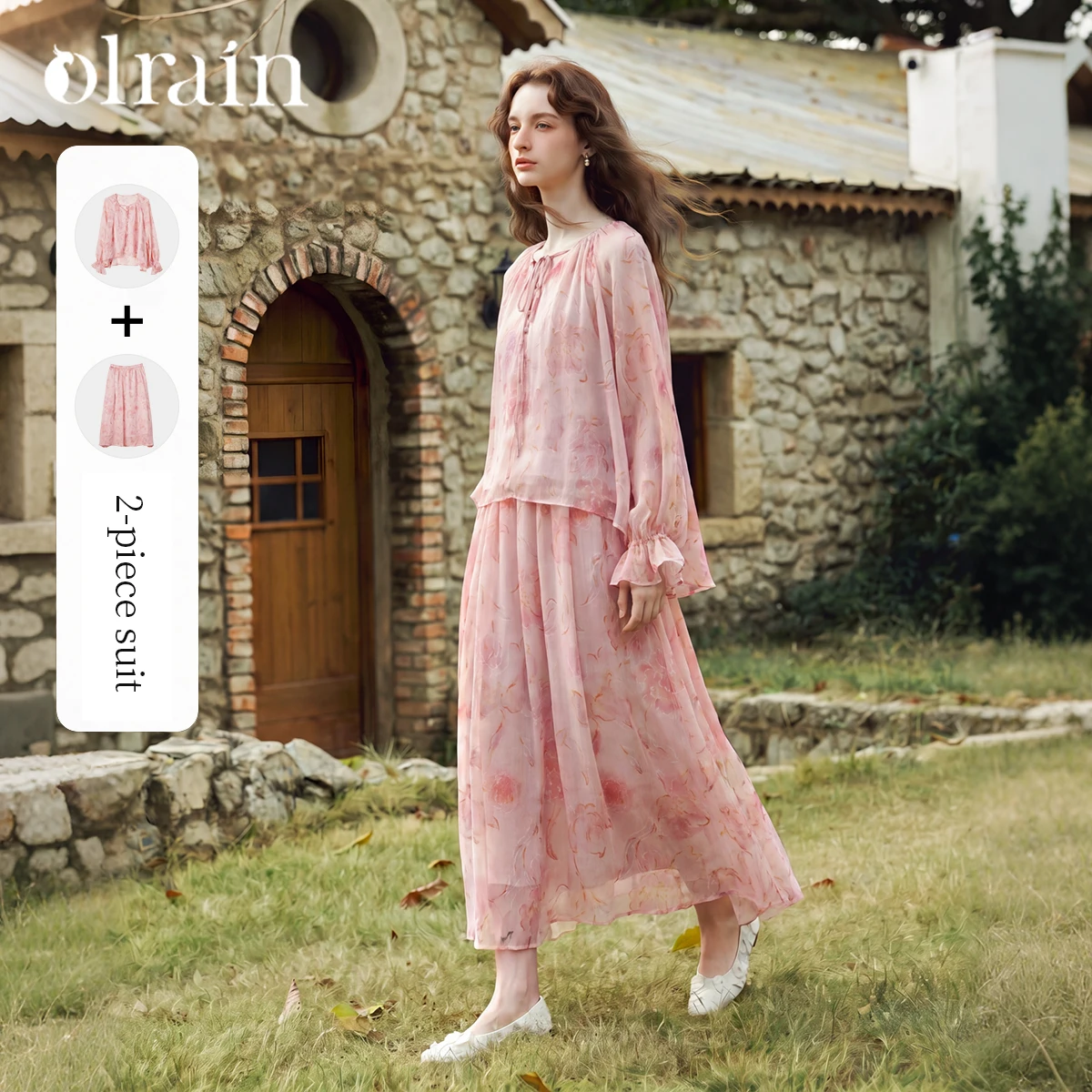 OLrain Floral Fashion Suit Women's 2026 Autumn And Winter New French Light Pink Smudged Lace-up Top Skirt O58QE010150