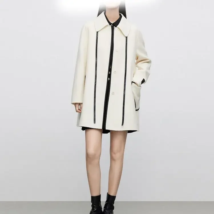 Wool coat  winter new design woolen coat women's PU leather contrasting color splicing simple medium and long