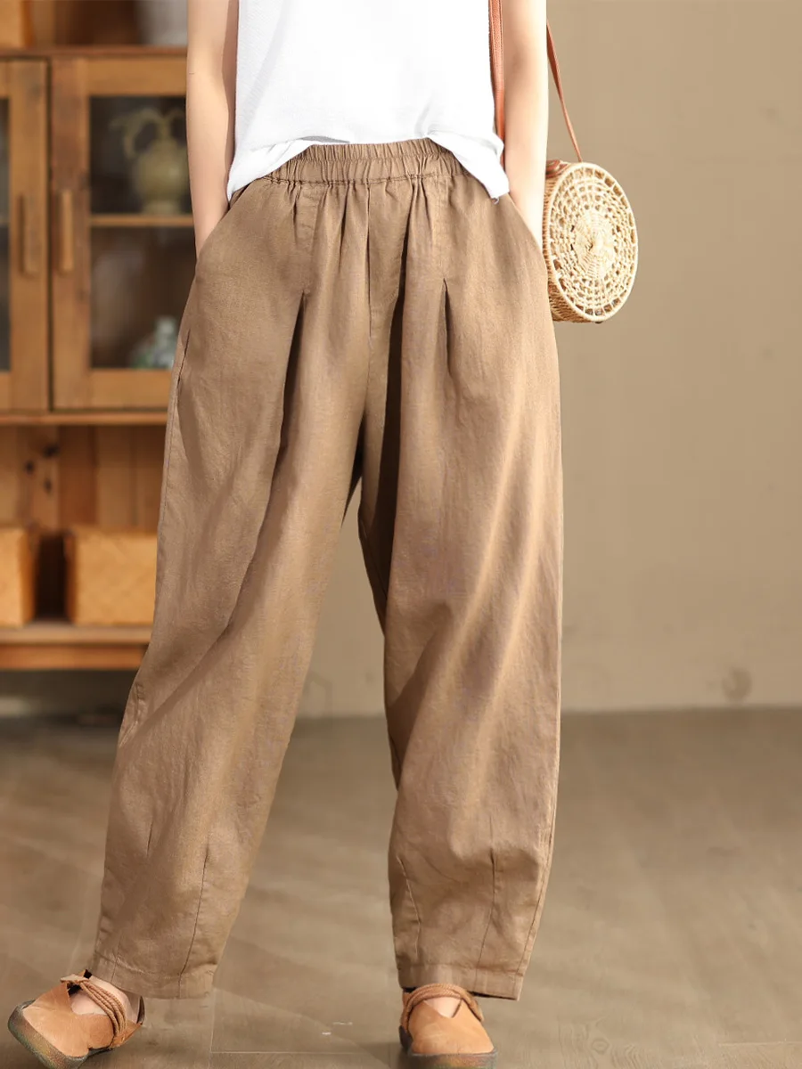 

Loose Han Han Linen Casual Pants Double Layer Waed Artistic Slimming Harem Pants Long Trousers for Women Autumn Heavyweight