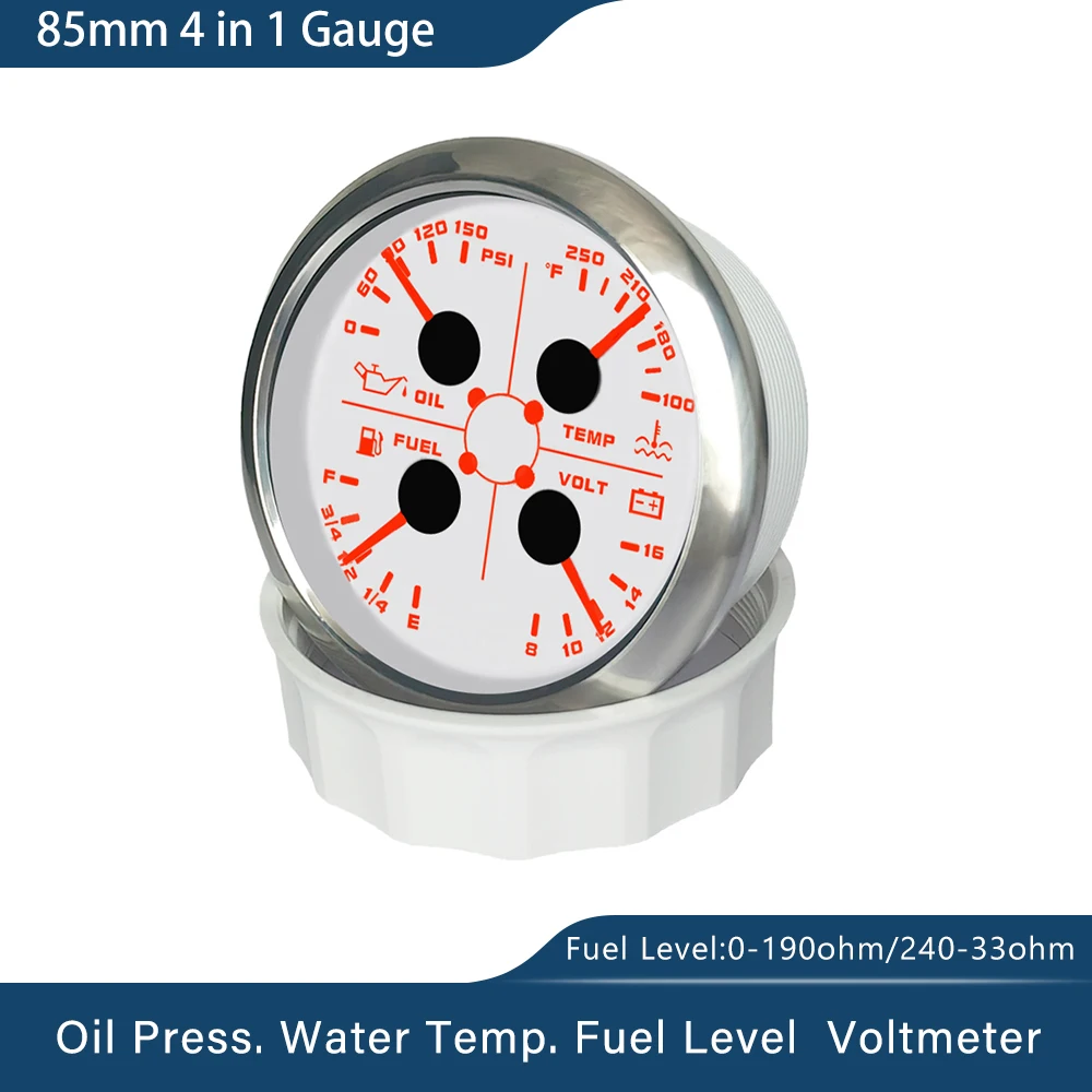 Impermeabile 85mm 4 in 1 manometro pressione olio temperatura acqua voltmetro livello carburante con allarme luce per auto barca Yacht