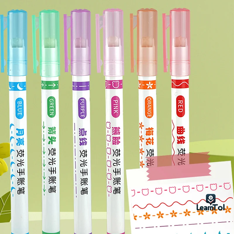 6pc Curve Highlighter Marker Pen Linear Pencil Lace Roller Tip Multiple Line Shapes Colorful Drawing Graffiti Art Tools