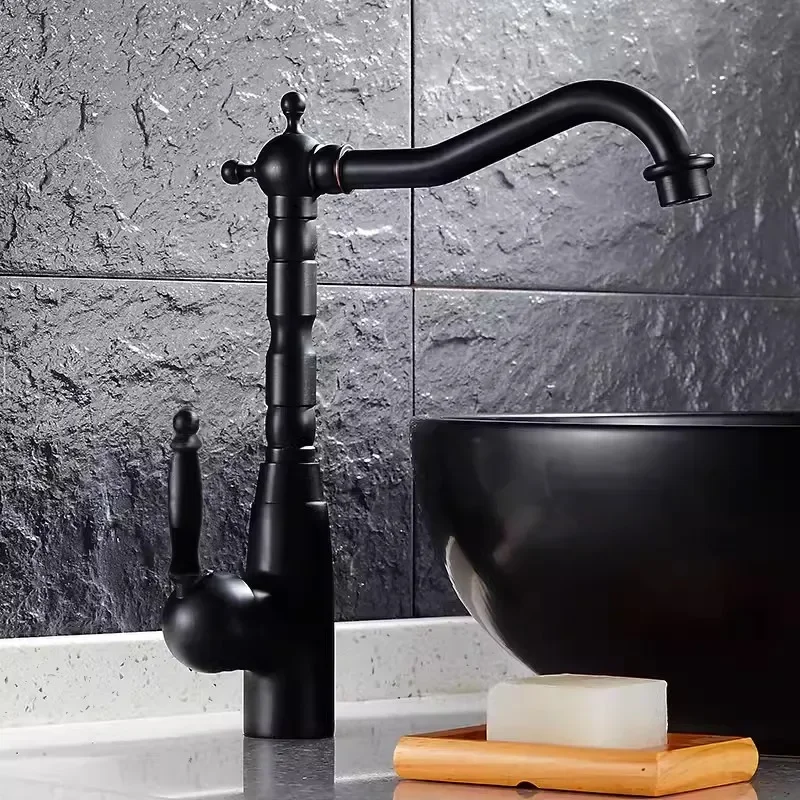 

Black Bathroom Faucet Antique Basin 360 Rotatiing Kitchen Brass Sink Mixer Sink Tap Hot Cold Water Crane