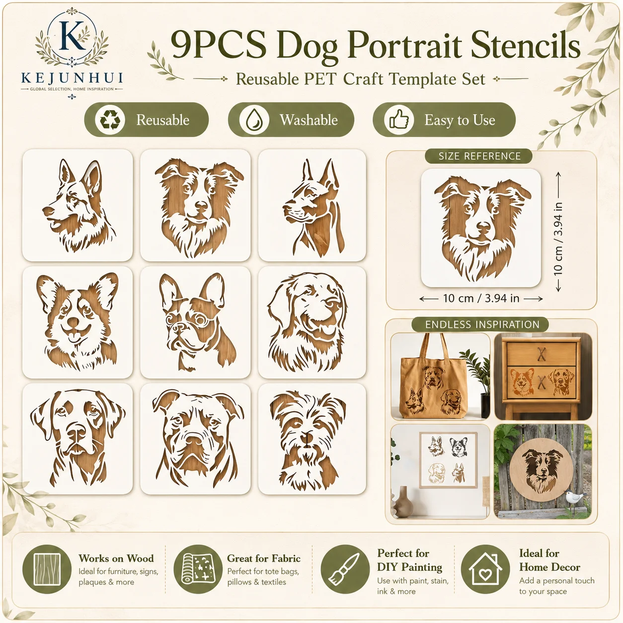 9pcs Dog Animal Painting Stencils Reusable Dog Head Animal Templates for Wood Wall Window DIY Craft Home Decor