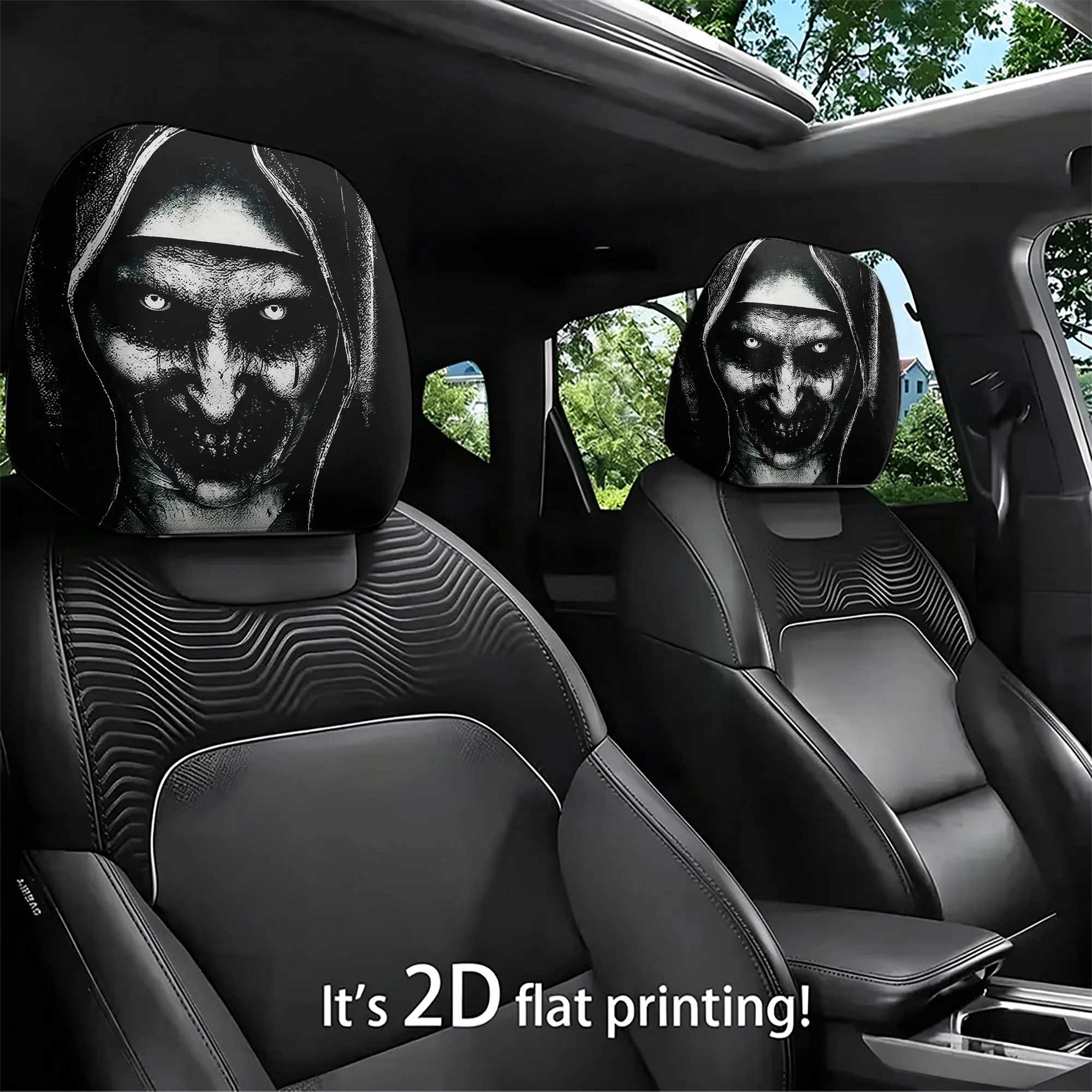2pcs car headrest covers with eerie patterns, adding a spooky atmosphere to your car’s interior. Filling not included. Easy to i