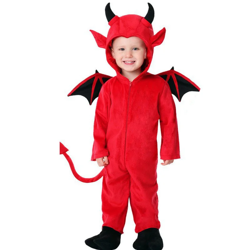 Kids Red Demon Devil Evil Bat Vampire Dress Halloween Cosplay Costumes Boys Girls Bull Ghost Party Role Playing Up jumpsuit