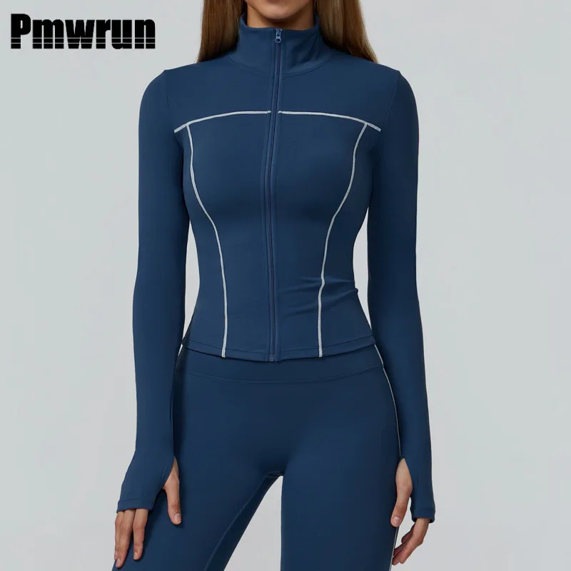 

PMWRUN Women's Yoga Jacket Full Zip Long Sleeve Crop Top Slim Fit Athletic Workout Jacket With Thumb Holes For Yoga Gym Fitness