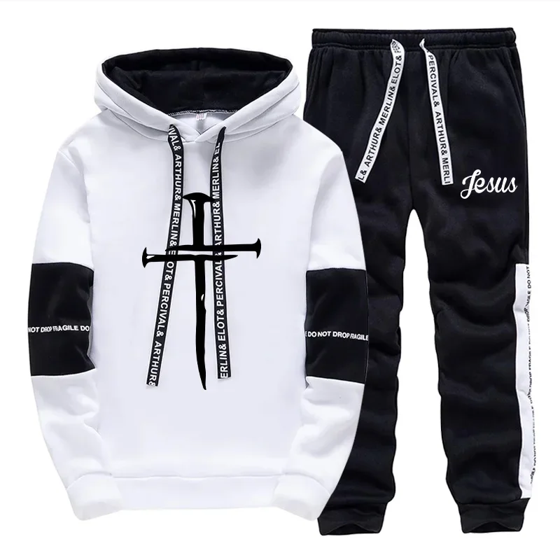 

Jesus Cross Printed Hoodie 2025 Trendy Mens Sweatshirt Jogger Set Winter Autumn Casual Sportswear Urban Streetwear Hooded Outfit